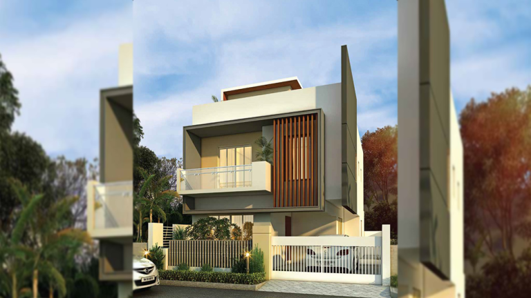 Front view of a sprawling luxury villa with landscaped gardens