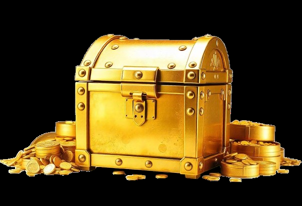 Ornate gold treasure box with hinged lid open